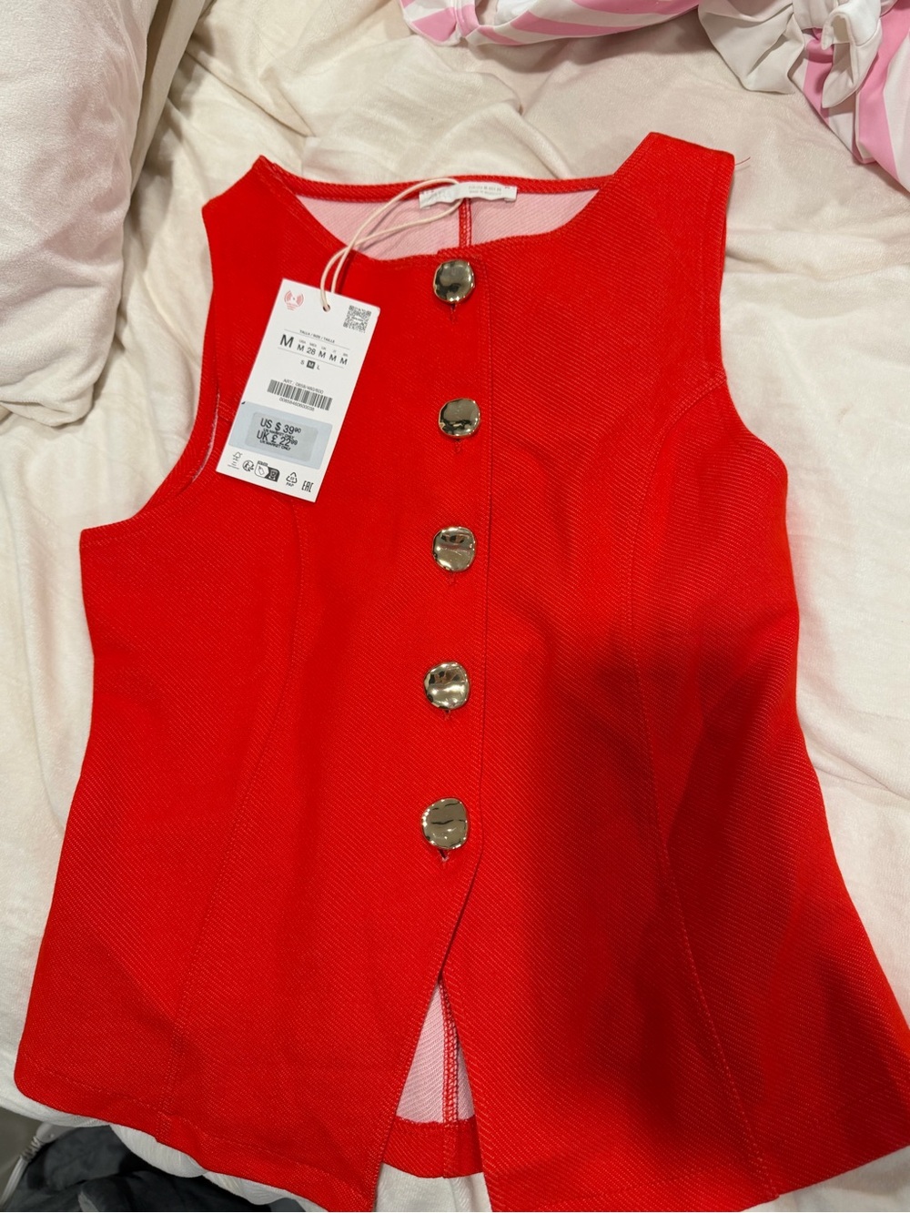 Zara Red Sleeveless Button-Front Formal Top with Gold Buttons